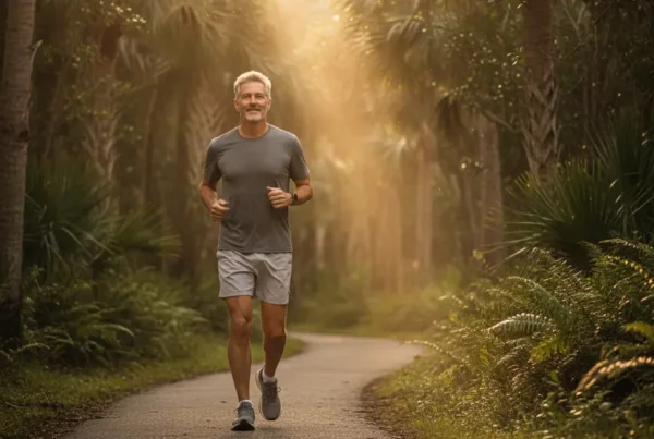Man in his 50s jogging happily on a sunny Florida trail after knee therapy.