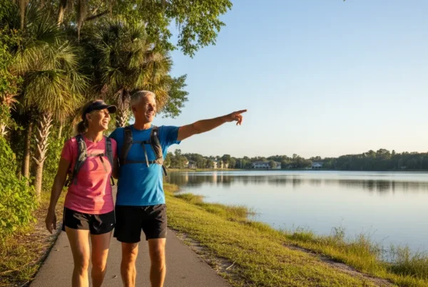 Active older couple smiling and walking on a lakeside path in Central Florida.