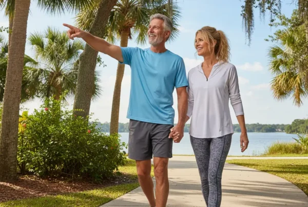 Active older couple walking on a sunny park trail, enjoying non-surgical knee pain relief.