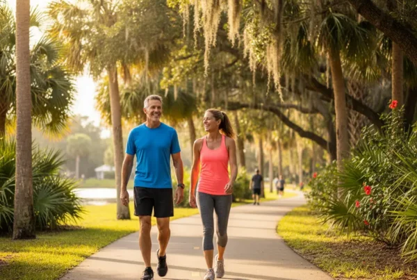 Happy, active couple walking on a sunny park trail after knee pain treatment in Seminole County.