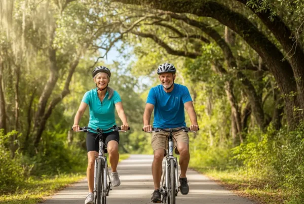 Active older couple cycling on the West Orange Trail after PRP knee therapy.