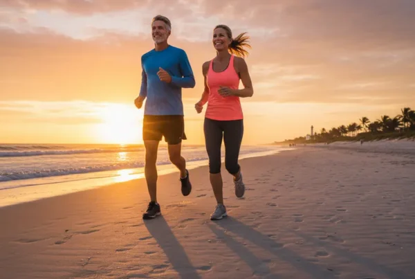 Active older couple jogging on a Volusia County beach after stem cell therapy.