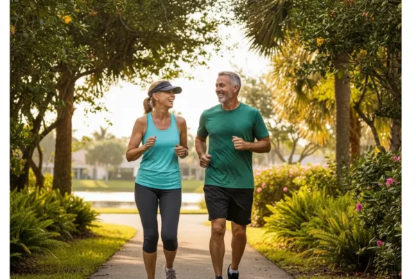 Active couple in their 50s jogging on a sunny park trail in Florida.