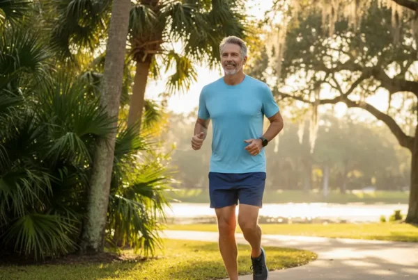 Man in his 50s jogging in a Florida park after non-surgical knee therapy.