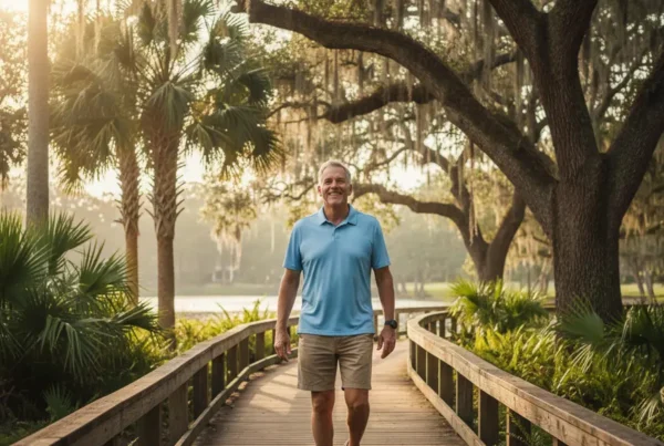Man in his 60s walking confidently on a park boardwalk after knee pain treatment.
