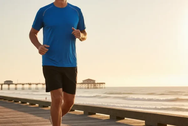 Man in his 50s jogging happily on the Daytona Beach boardwalk at sunrise.