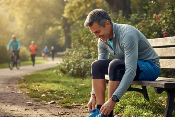 Man in his 40s tying running shoes on a park bench after knee therapy.
