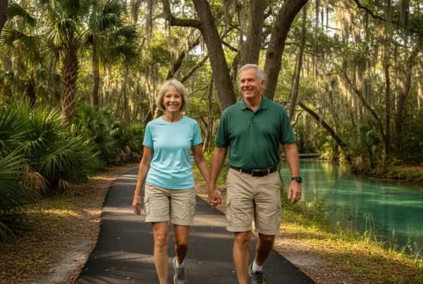 Older couple smiling while walking on a park trail after knee pain treatment.