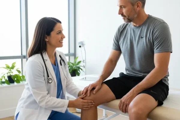 Doctor examining a patient's knee for non-surgical arthritis pain treatment in Casselberry.