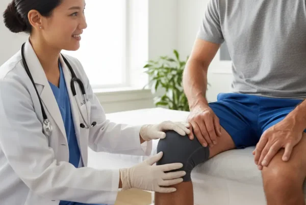 Doctor examining a patient's knee for non-surgical arthritis treatment for Minneola residents.