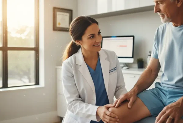 Medical provider examining a patient's knee for non-surgical arthritis pain treatment in Belleview.