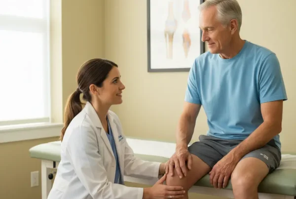 A medical provider examining a patient's knee for arthritis pain treatment in a clinic.