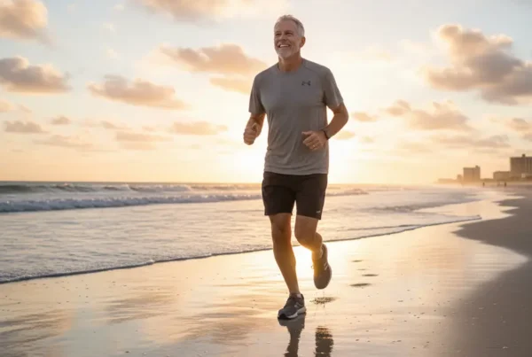 Man in his 60s jogging on Daytona Beach, free from arthritis knee pain.
