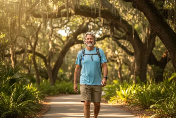 Man enjoying a pain-free walk on a sunny Florida nature trail after treatment.