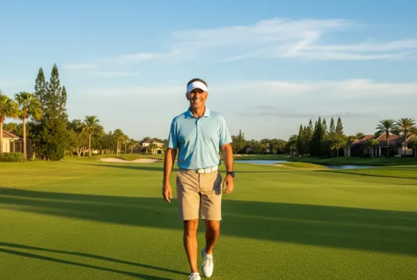 Man walking on a golf course, free from discomfort after arthritis knee pain treatment.