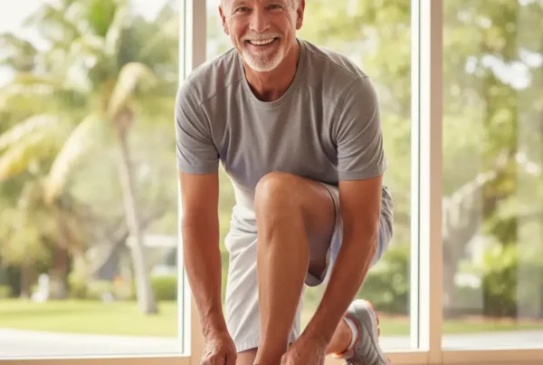 Man kneeling comfortably to tie his shoe, representing relief from arthritis knee pain in Groveland.