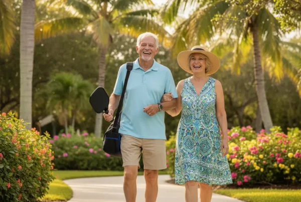 Happy senior couple walking in a Florida park after non-surgical knee pain treatment.
