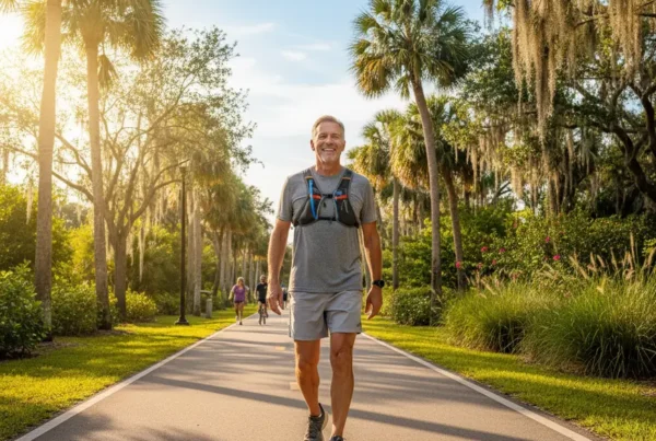 Man walking happily in a park after successful arthritis knee pain treatment in Ocoee.