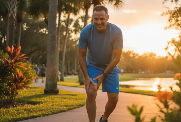 Man in an Orlando park smiling with relief while touching his pain-free knee.