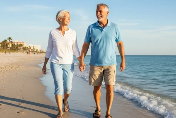 Couple walking happily on Ormond Beach after arthritis knee pain treatment.