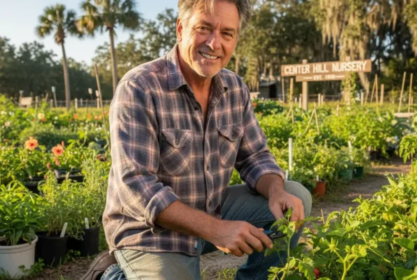 Man in his 50s gardening without knee pain after non-surgical arthritis treatment.