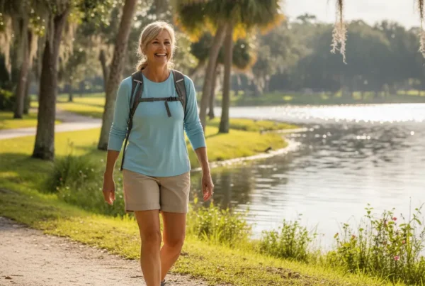 Person walking happily on a park path after receiving arthritis knee pain treatment.