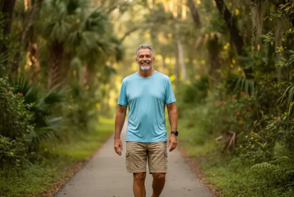 Man smiling while walking on a Florida nature trail after successful knee pain treatment.