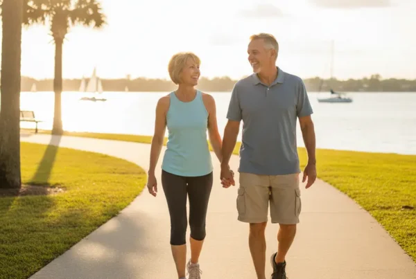 An active couple enjoys a walk by the lake after receiving arthritis knee pain treatment.