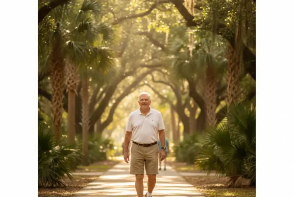 Man in his 60s walking happily in a park after arthritis knee pain treatment.