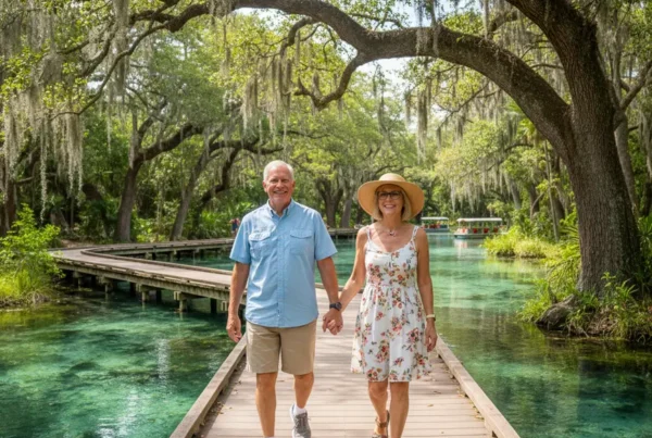 Happy senior couple walking on a boardwalk, enjoying relief from arthritis knee pain.