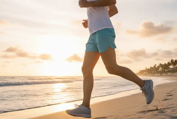 A person jogging on a Volusia County beach after successful arthritis knee pain treatment.