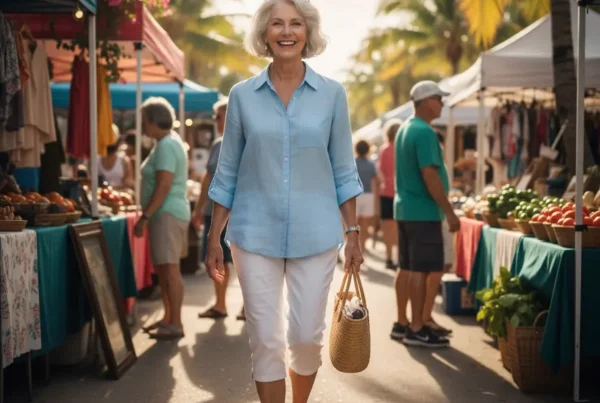Older adult walking happily through a Florida market after arthritis knee pain treatment.