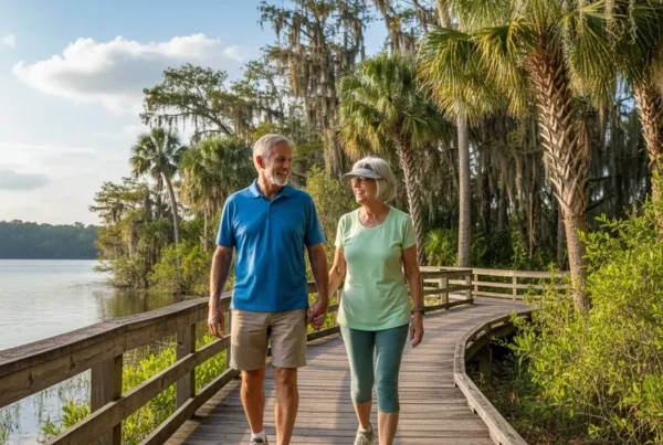 Senior couple enjoying a pain-free walk on a boardwalk in a Florida park.