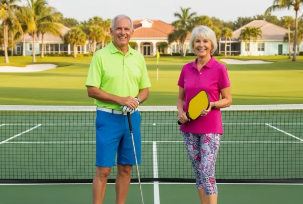 Active senior couple with golf club and pickleball paddle enjoying pain-free life.