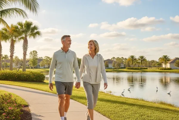 Active couple walking by a lake in Harmony, FL, after successful non-surgical knee pain treatment.