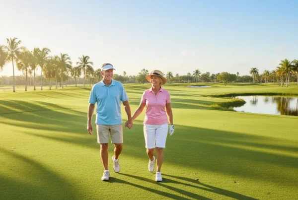 Active senior couple walking happily on a golf course in Howey-in-the-Hills after treatment.