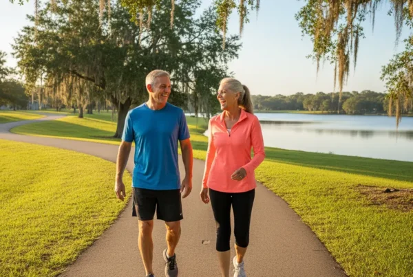 Active couple enjoying a walk on a scenic trail after arthritis knee pain treatment.