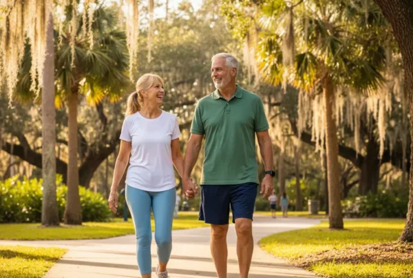 Active senior couple walking in a sunny DeLand, FL park after stem cell therapy.