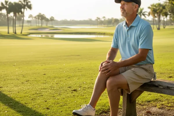 A male golfer in his 50s sits on a bench, holding his knee.