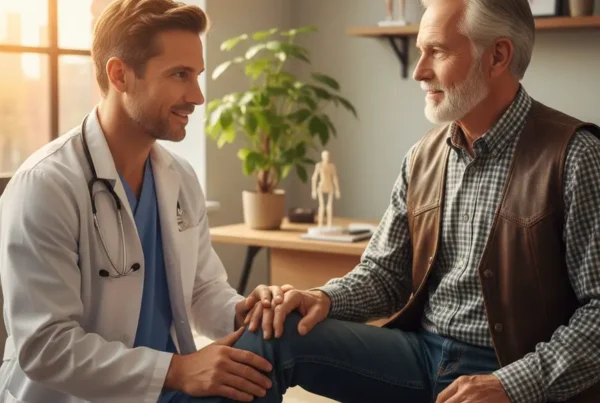 Doctor examining a senior patient's knee in a sunlit consultation room in Leesburg.