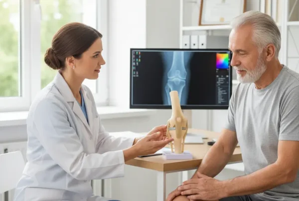 Doctor discusses non-surgical knee joint pain treatment with a patient using a knee model.