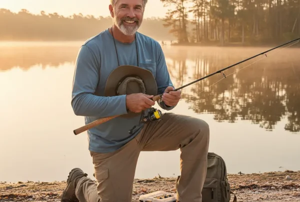 Man kneeling comfortably by a lake at sunrise, enjoying fishing after knee pain treatment.