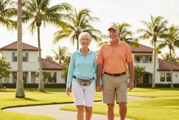 Active senior couple walking happily after receiving knee joint pain treatment in The Villages.