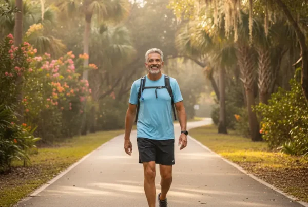 Man enjoying a pain-free walk on a sunny trail after knee pain treatment.