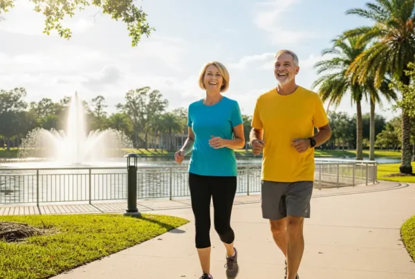 A happy, active couple walking in a park, free from pain after knee treatment.