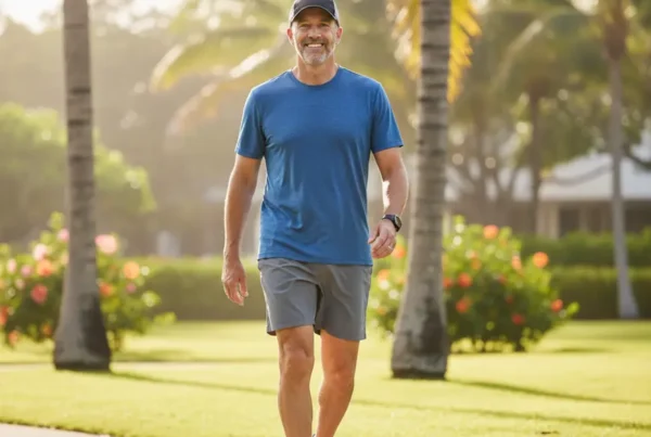 Man in his 40s walking confidently in a sunny park after knee pain treatment.