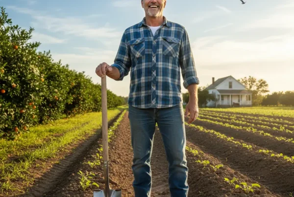 Farmer in a Coleman, Florida field smiling after receiving non-surgical knee pain treatment.