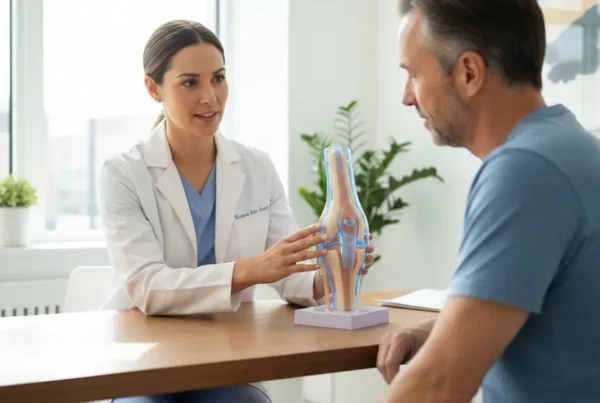 Doctor explaining non-surgical knee pain treatment options to a patient in a Florida clinic.