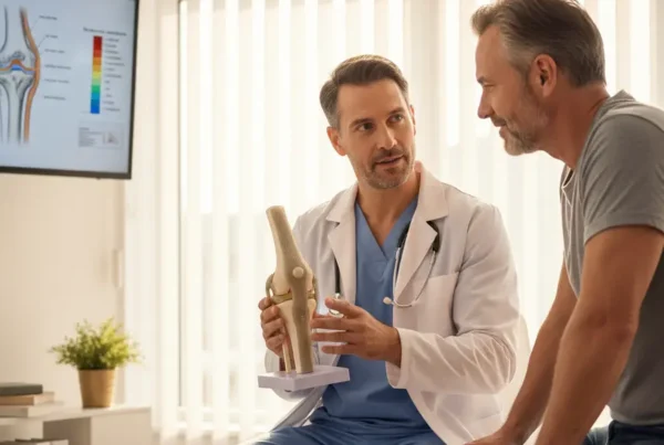 Doctor explaining a knee model to a male patient in a medical consultation room.