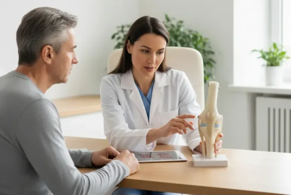 Provider discussing non-surgical knee pain treatment with a patient using a knee model.